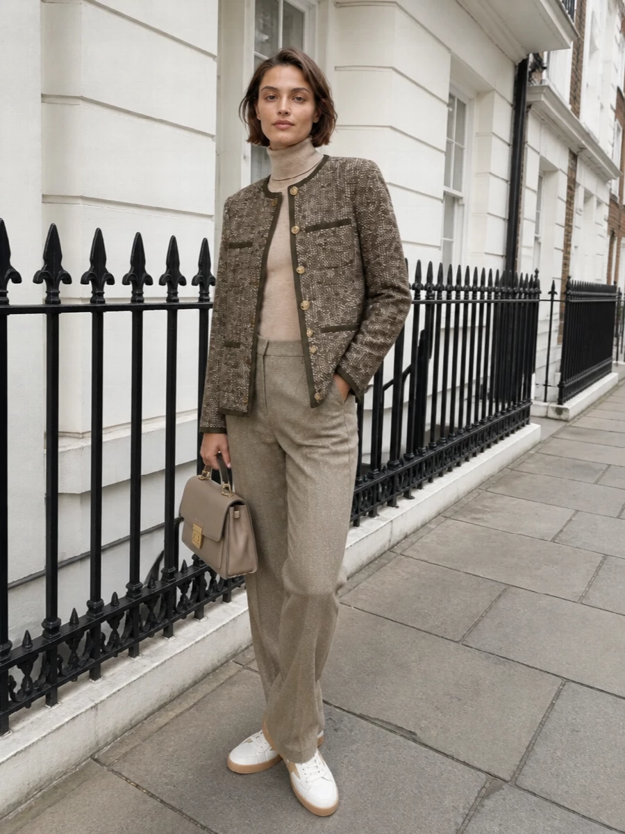 Golden goose tweed jacket camel turtleneck taupe trouser