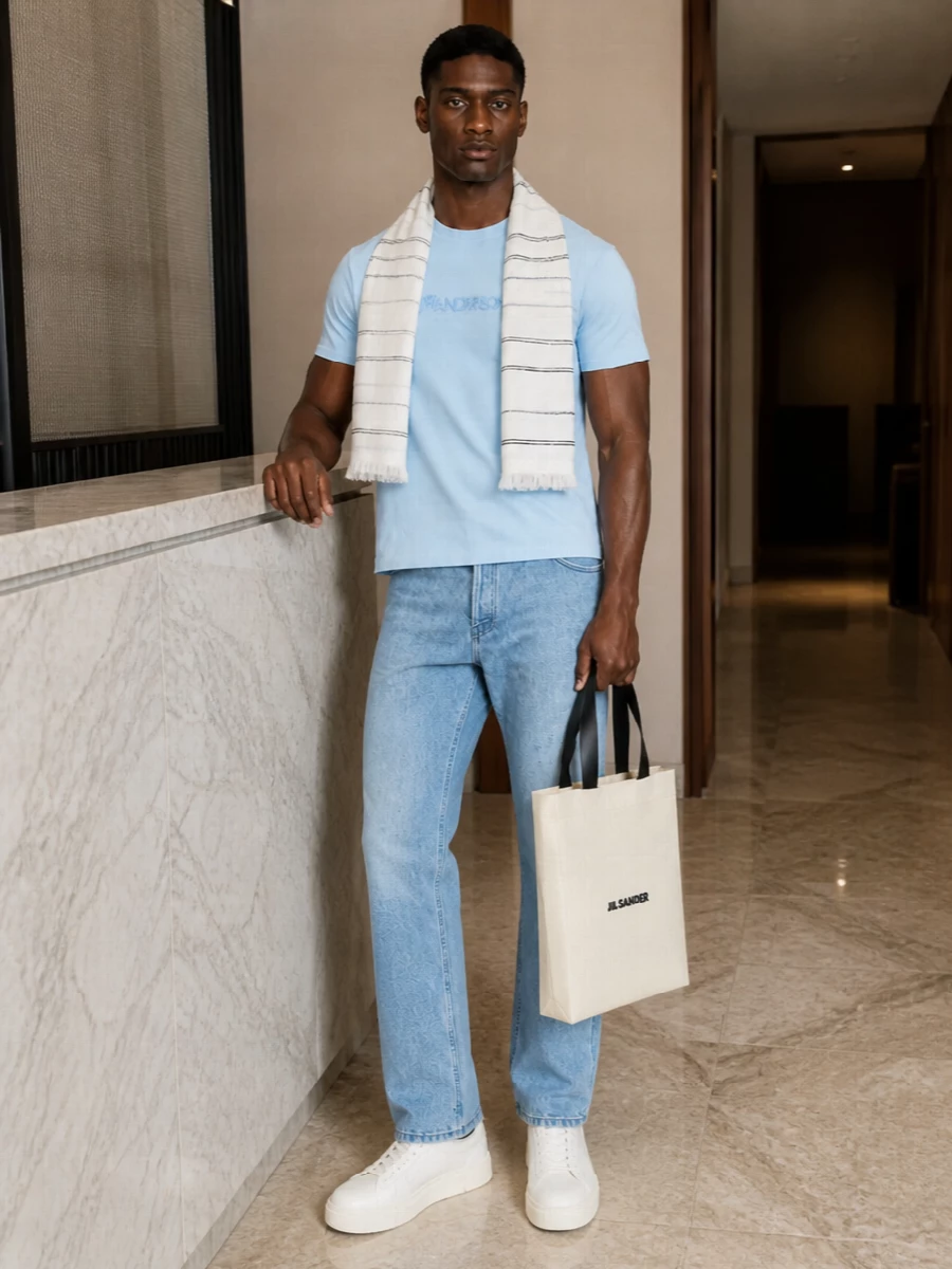 A light blue JW Anderson tee sits over sun-faded straight jeans for a clean, easy summer uniform. Off-white leather sneakers and a crisp Jil Sander canvas tote sharpen the palette without making it feel formal. A fine striped scarf introduces a soft graphic detail that still keeps everything quiet and minimal.