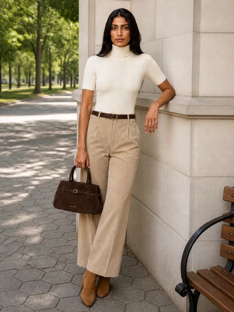 Herno camel corduroy trousers cream knit outfit