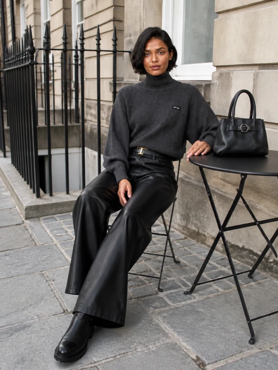 Rotate leather trousers charcoal knit boots