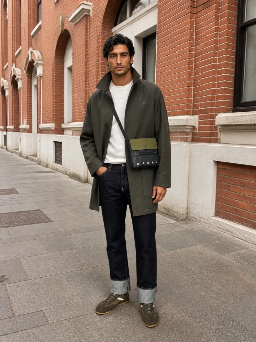 Kenzo field coat raw indigo jeans sneakers