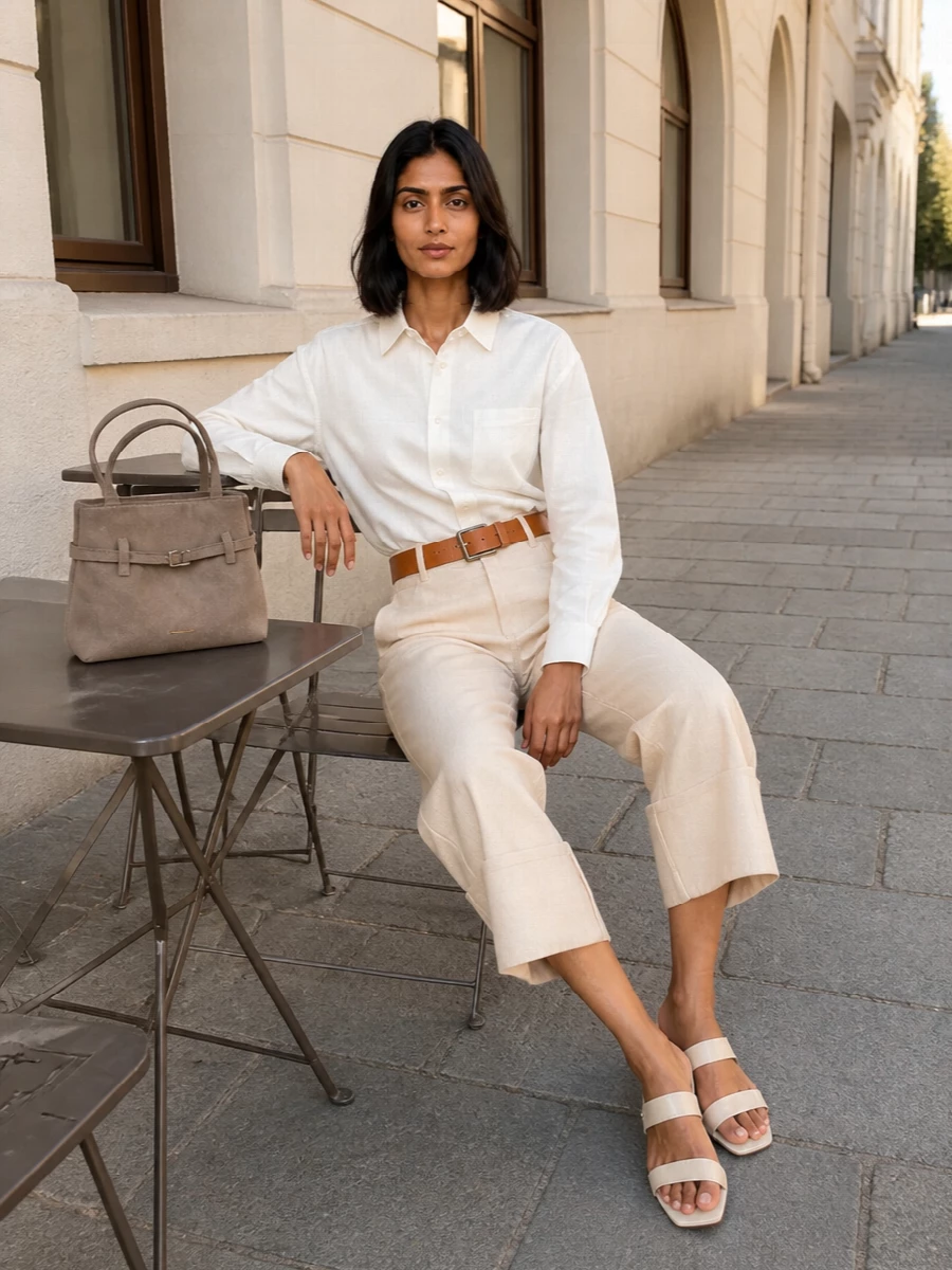 Soft neutrals keep this Max Mara trouser and ivory shirt pairing calm but considered, with clean lines and a subtle play of volumes between the cropped boxy top and deep cuffed hem. Cream leather mules and a slim taupe shoulder bag keep everything in the same whisper-light spectrum, while a tan belt lightly anchors the waist for a sharper, city-ready finish. The result is relaxed tailoring that feels ideal for warm days in the office or slow weekends in town.