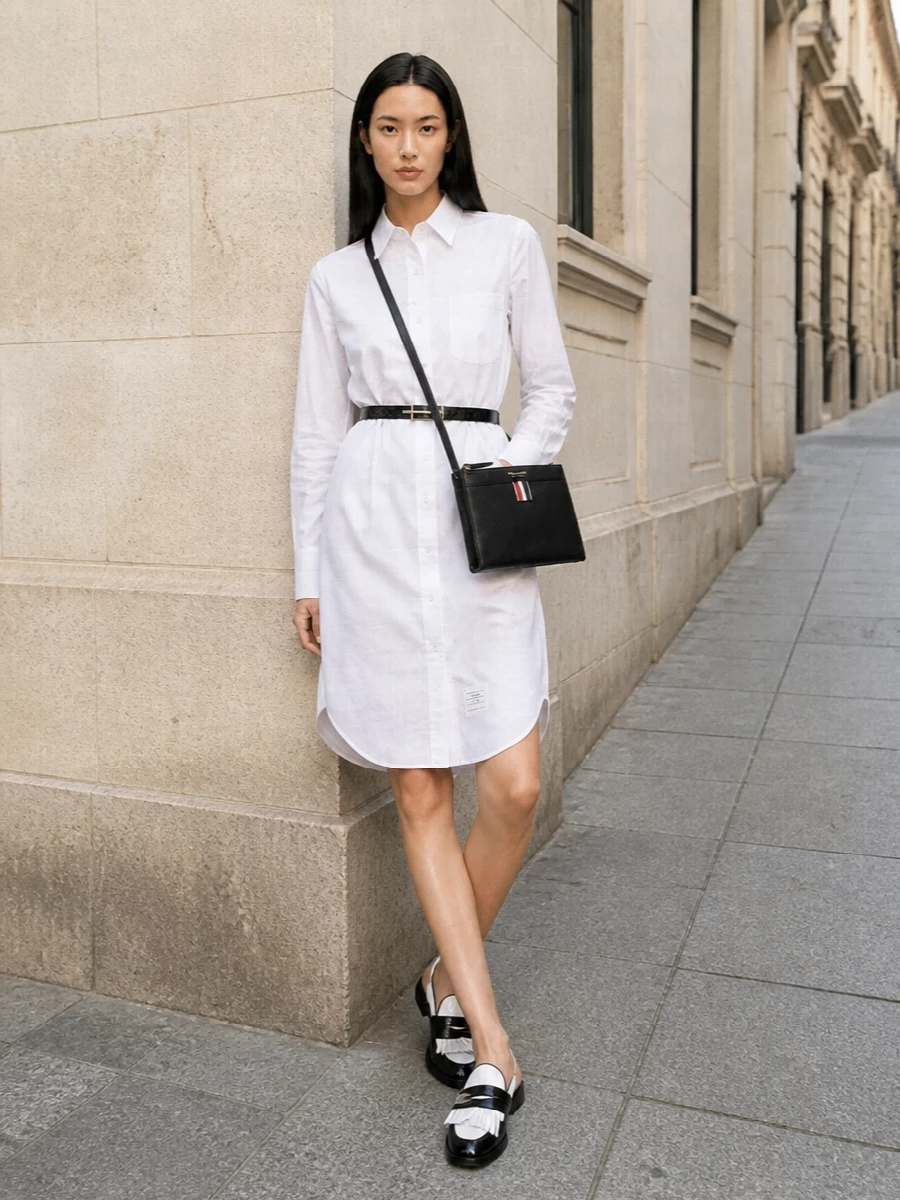 Thom browne white shirtdress outfit mules