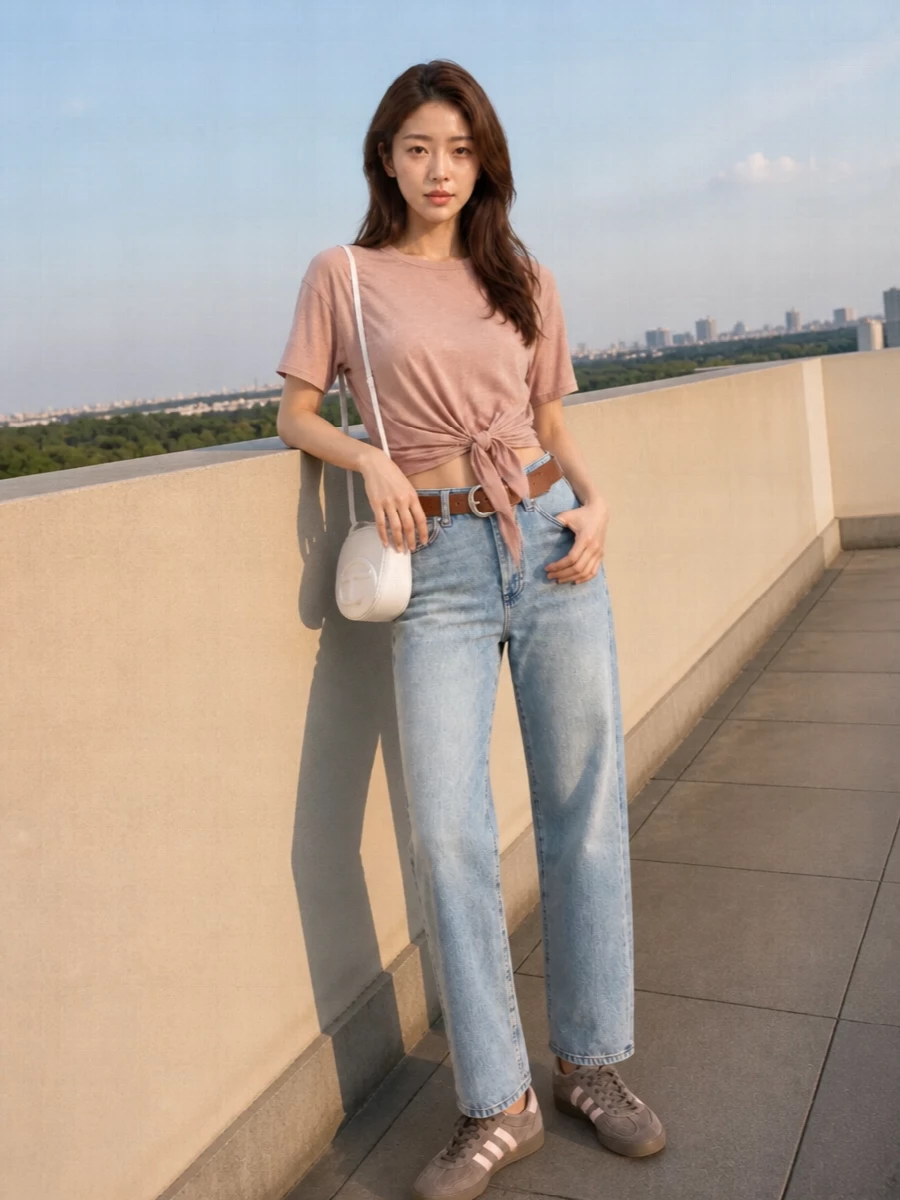 Diesel blush tie front tee light wash jeans outfit