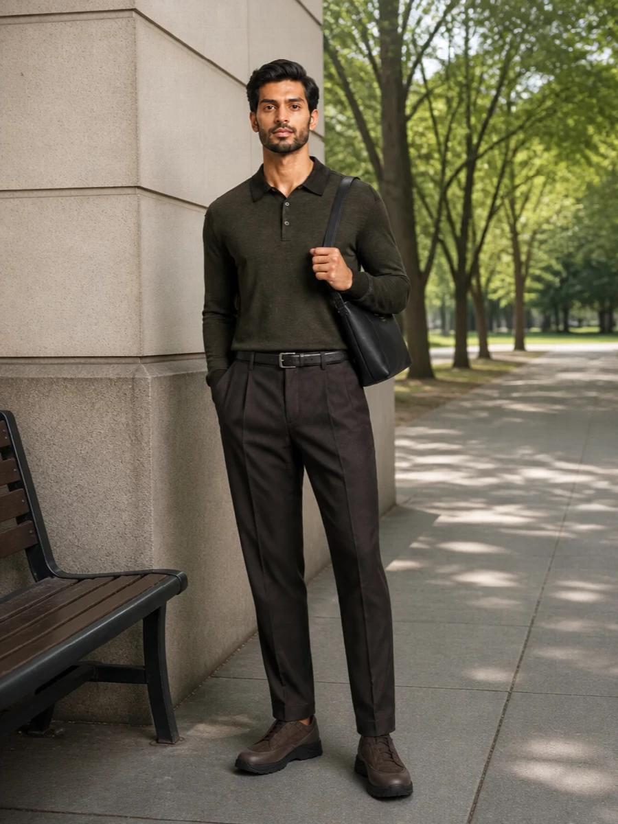 Zegna olive polo charcoal trousers prada bag