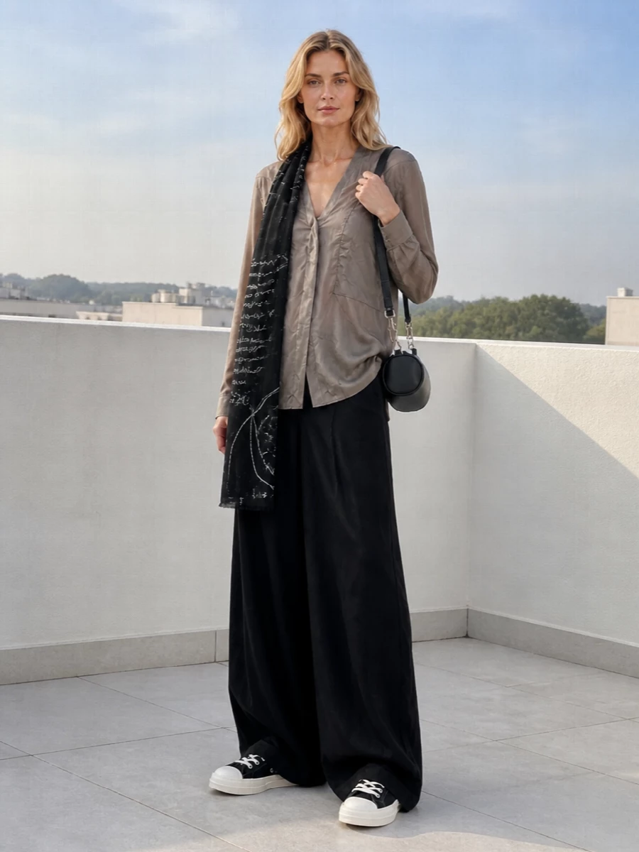 Rick owens satin shirt wide black trousers