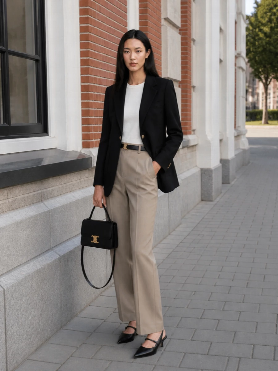 Celine black blazer beige tailored trousers outfit