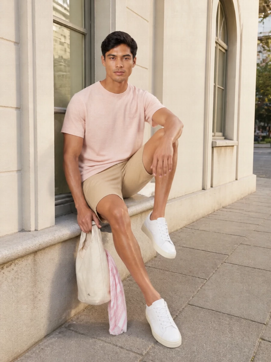 Woolrich blush tee beige shorts white sneakers