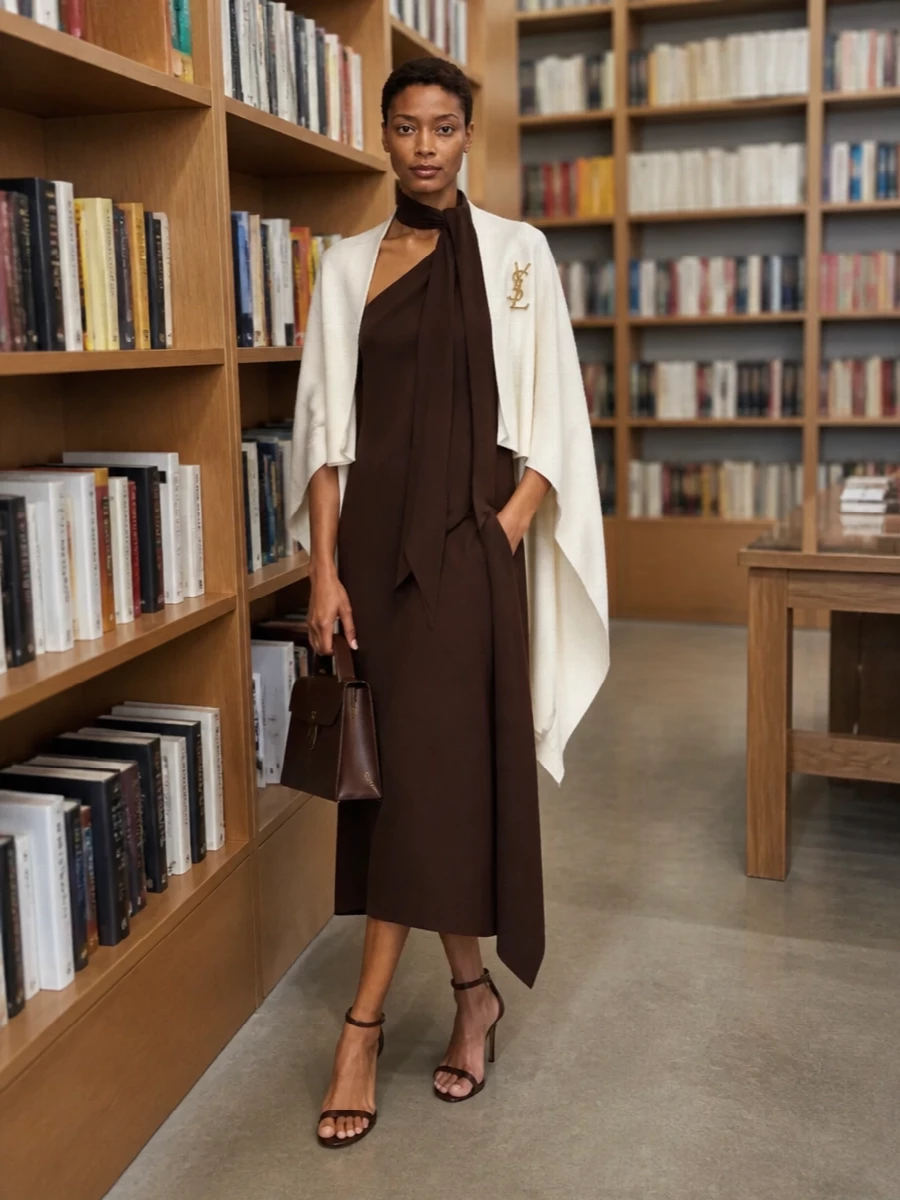 Taller marmo brown one shoulder dress outfit