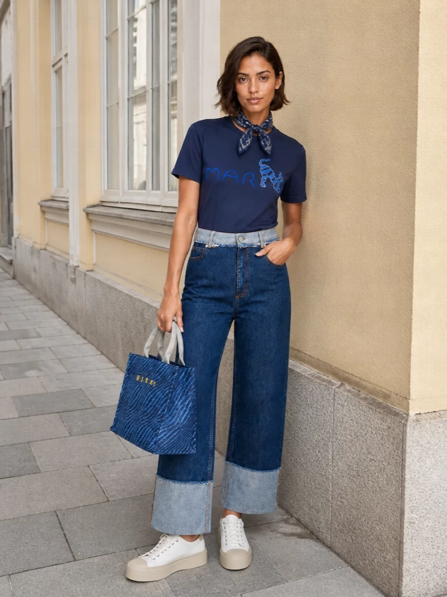 A navy graphic tee meets sculpted high-rise cropped denim for a clean, art-school take on casual dressing. Off-white platform sneakers keep the proportion fresh, while the wave-textured blue tote and compact printed scarf add just enough pattern play in the same family of blues. The result feels playful, polished and easy to wear from coffee runs to gallery afternoons.