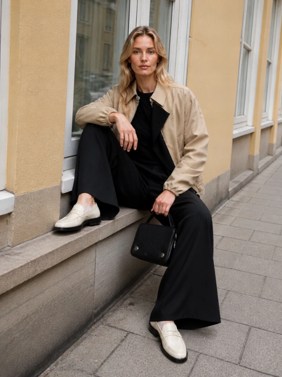 I am keeping this as a trouser-based outfit rather than a dress, so the bomber’s cropped volume can play against a long, fluid leg in a way that feels intentional and modern. The black knit and sculptural wide-leg trousers create a clean column under the sand jacket, then the buttercream loafer and compact black bag dial the palette back to quiet, city-ready luxury. It is relaxed but precise, ideal for days that move between work, galleries and low-key dinners without needing a change.