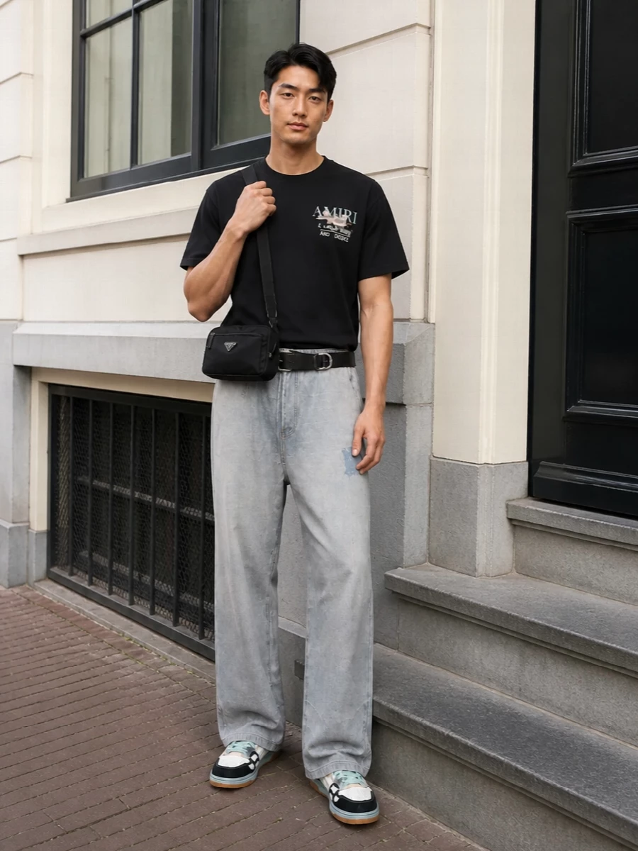Amiri tee wide leg pants mint sneakers outfit