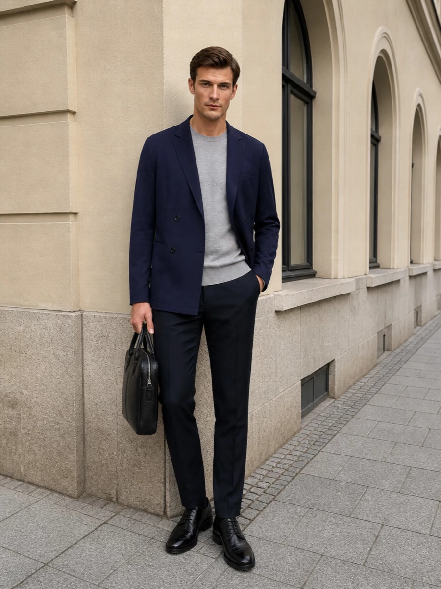 Emporio armani navy coat grey knit tailored trouser