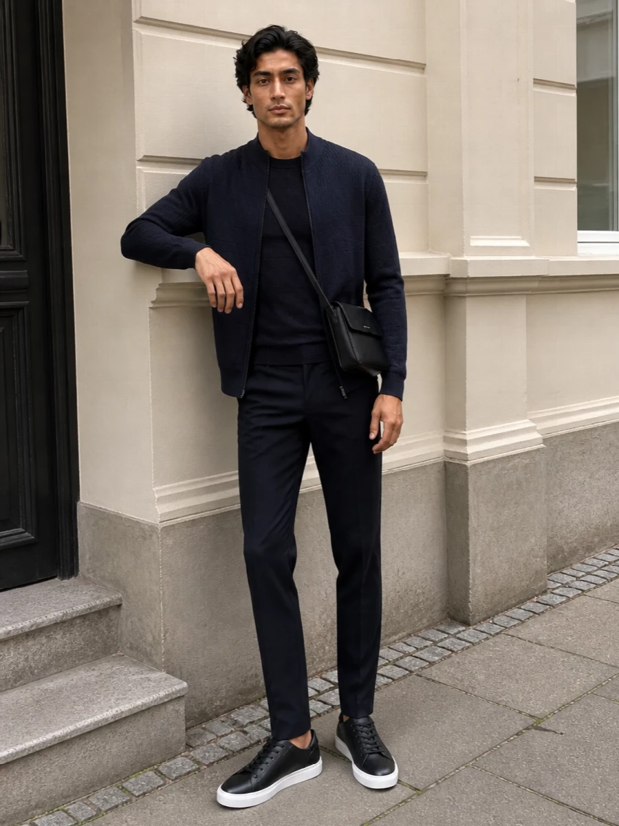 Emporio armani navy zip jacket tailored outfit