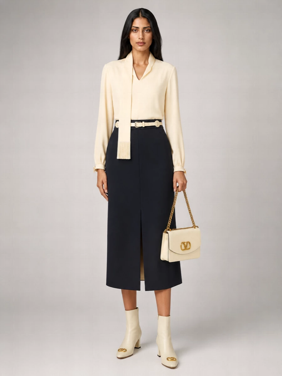A disciplined navy midi is softened with a buttercream scarf-tie blouse, creating a quietly confident balance of structure and fluidity. Cream leather boots and a matching chain bag keep the palette precise, while a slim black belt and gold hardware add just enough definition and shine for boardroom-to-dinner dressing.