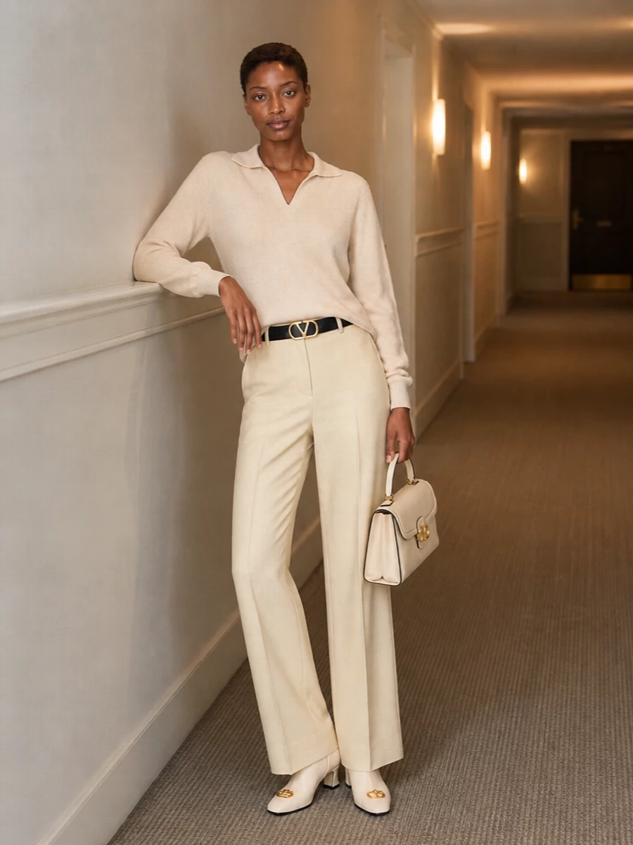 Valentino beige polo sweater wide leg trousers