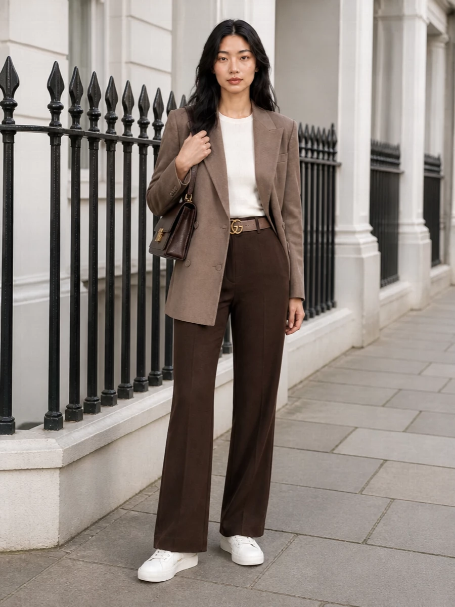 Taupe and chocolate tailoring are kept soft and modern here, grounded in a long, high-waisted line and finished with a compact structured bag in the same deep brown register. White leather sneakers pare back the formality just enough, so the whole outfit reads considered and relaxed rather than corporate. A slim belt quietly sharpens the waist, letting the double-breasted jacket and wide leg do the talking.