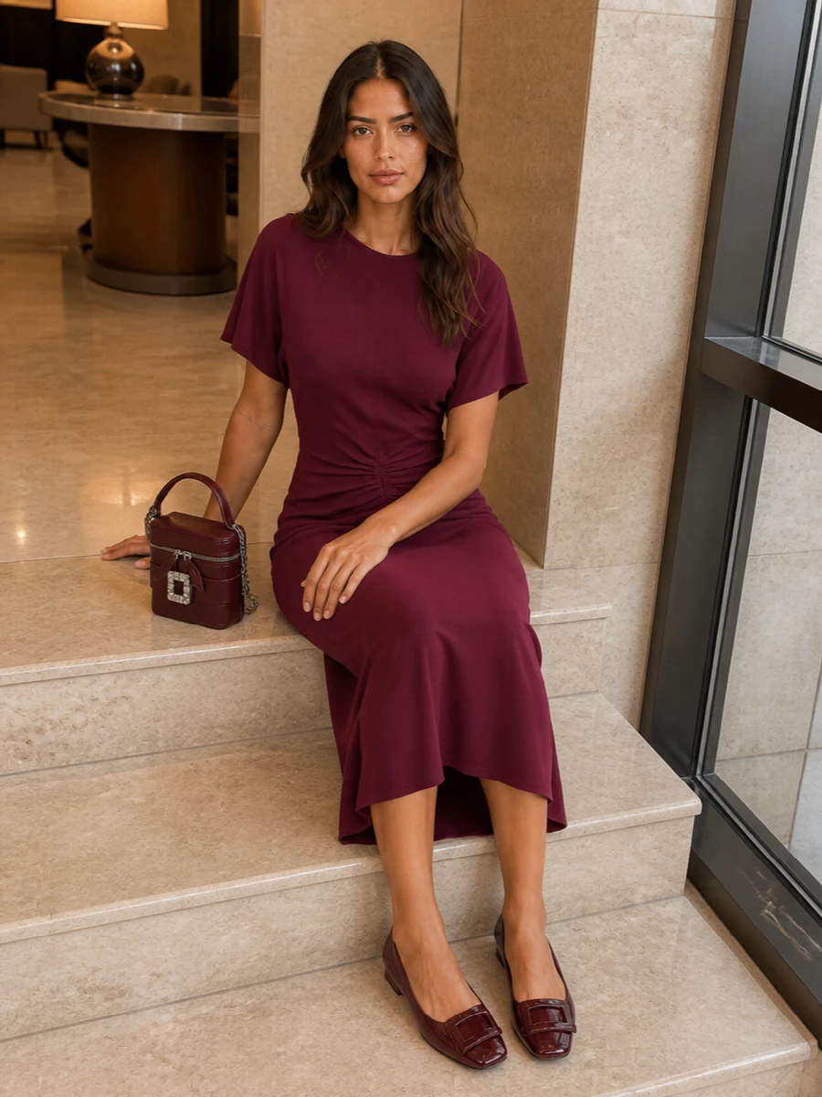 Victoria beckham burgundy midi dress roger vivier flats