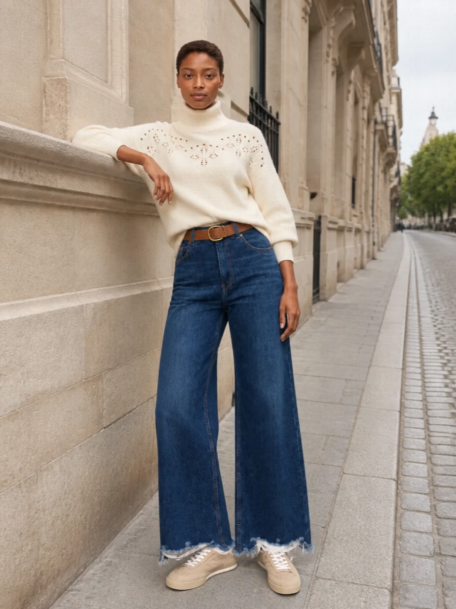 Creamy knitwear and sculpting high-rise denim create a clean, long line that feels relaxed yet intentionally put together. Sand sneakers keep it grounded and modern, while tan leather accents warm up the blues with a quiet Parisian ease. It is an easy off-duty ensemble that still reads refined enough for a casual studio day or city coffee run.