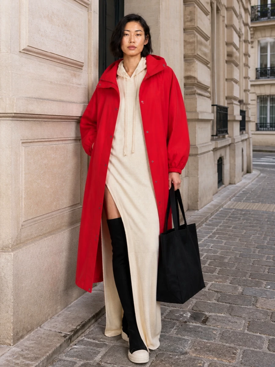 Rohe red coat rick owens hooded maxi dress