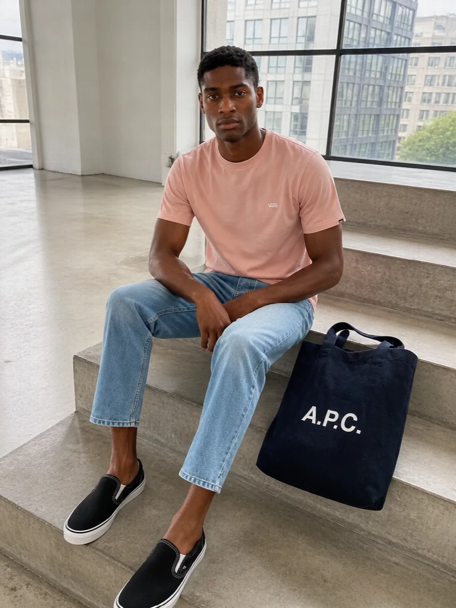 Vans pink tshirt carhartt jeans apc tote