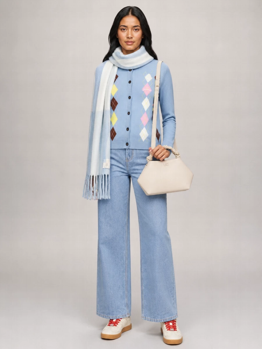 Ganni Cotton Diamond-Pattern Ribbed Cardigan