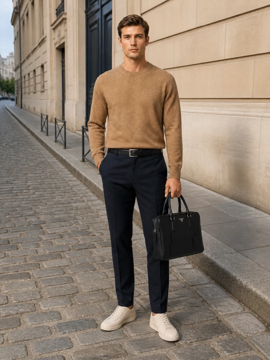 Ami paris navy trousers camel sweater cream sneakers