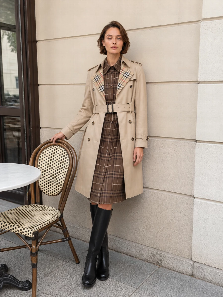Burberry trench checked midi dress riding boots