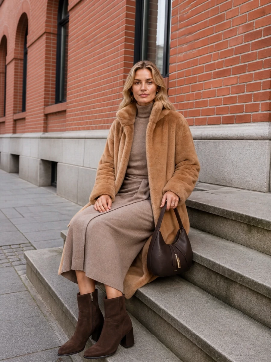Max mara taupe knit dress camel faux fur coat
