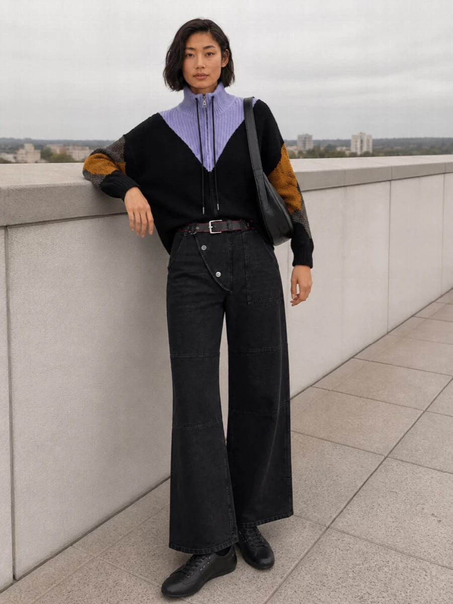 Graphic knitwear stays in focus against a base of structured black denim and sleek black sneakers, keeping the mood urban and quietly polished. The wide leg and high waist balance the volume of the zip-up, while a sculptural crescent shoulder bag and sharp belt finish the outfit with art-school precision. It is a modern, gallery-ready streetwear ensemble that still feels luxurious and resolved in its palette.