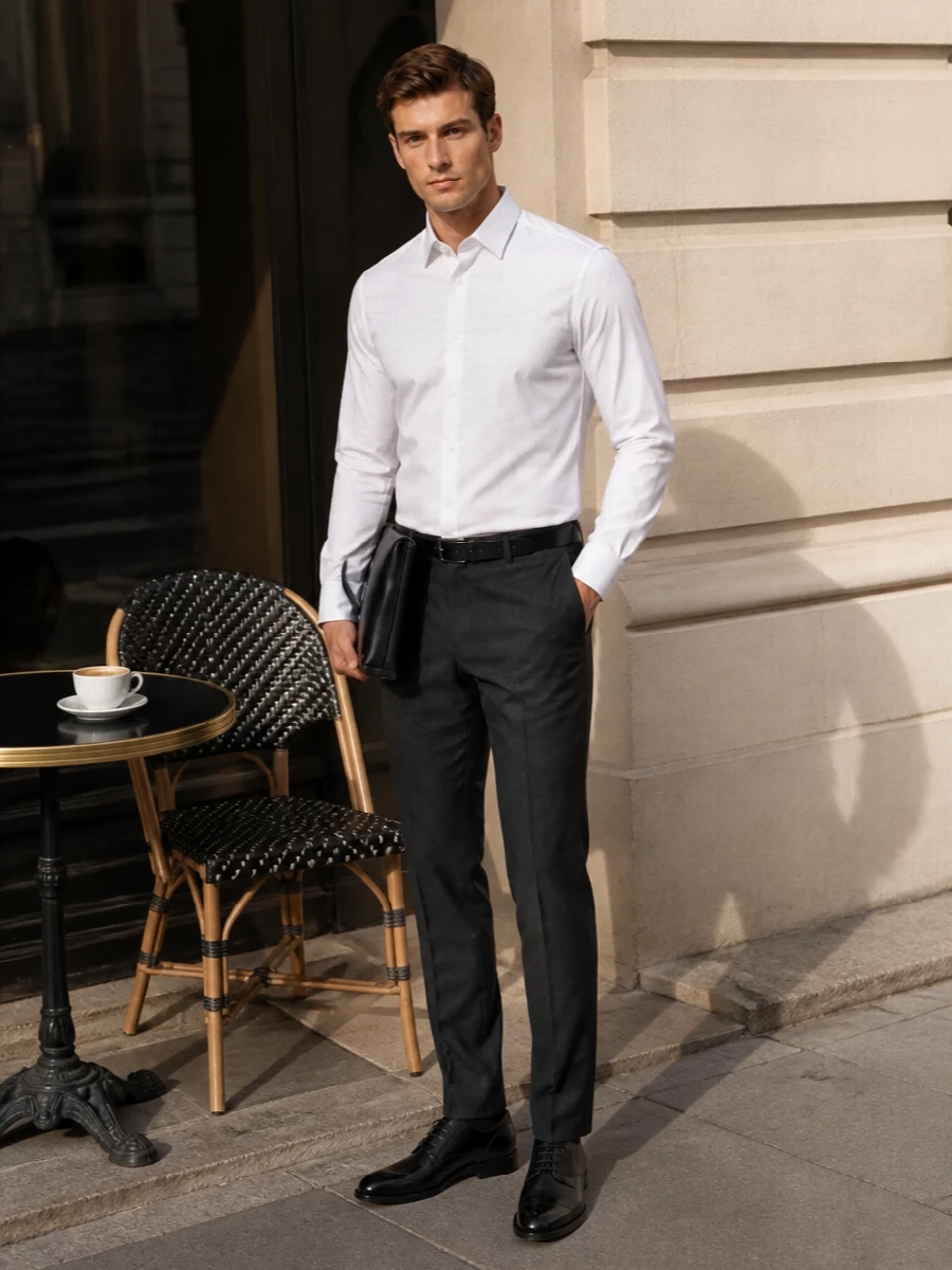 Dolce gabbana white shirt charcoal trousers outfit
