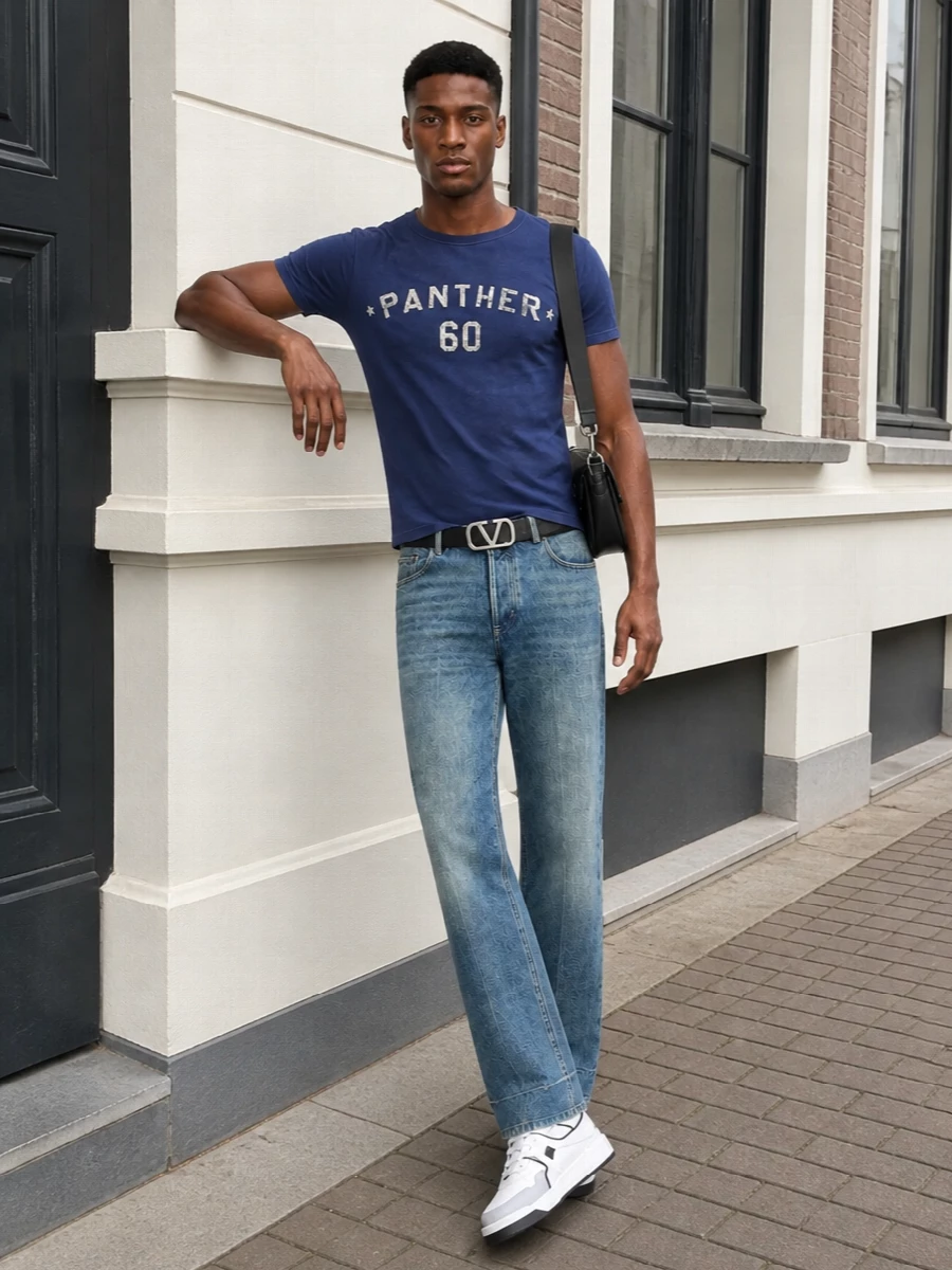 Valentino varsity tee straight jeans sneakers
