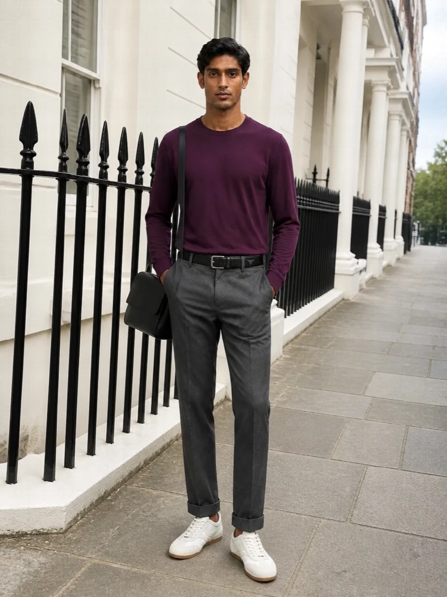 Deep plum sits against charcoal tailoring for a calm, cultured combination that reads precise rather than formal. Slim off-white runners and a clean black crossbody keep it relaxed but intentional, with the belt quietly defining the waist. It is an easy uniform for understated days in the city when you still want your colour choices to feel considered.