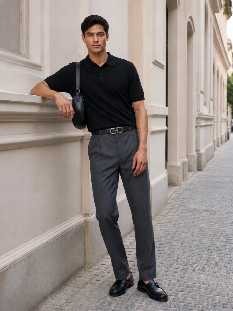 Jil sander black polo charcoal trouser outfit