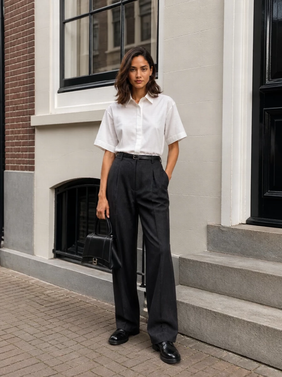 Balenciaga white shirt charcoal wide leg trousers