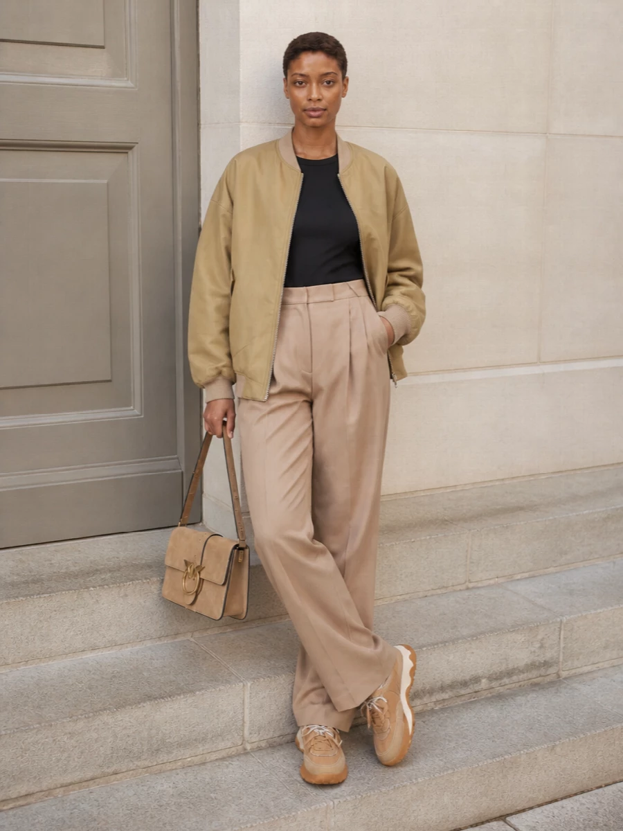 Frankie shop bomber camel trousers sneakers