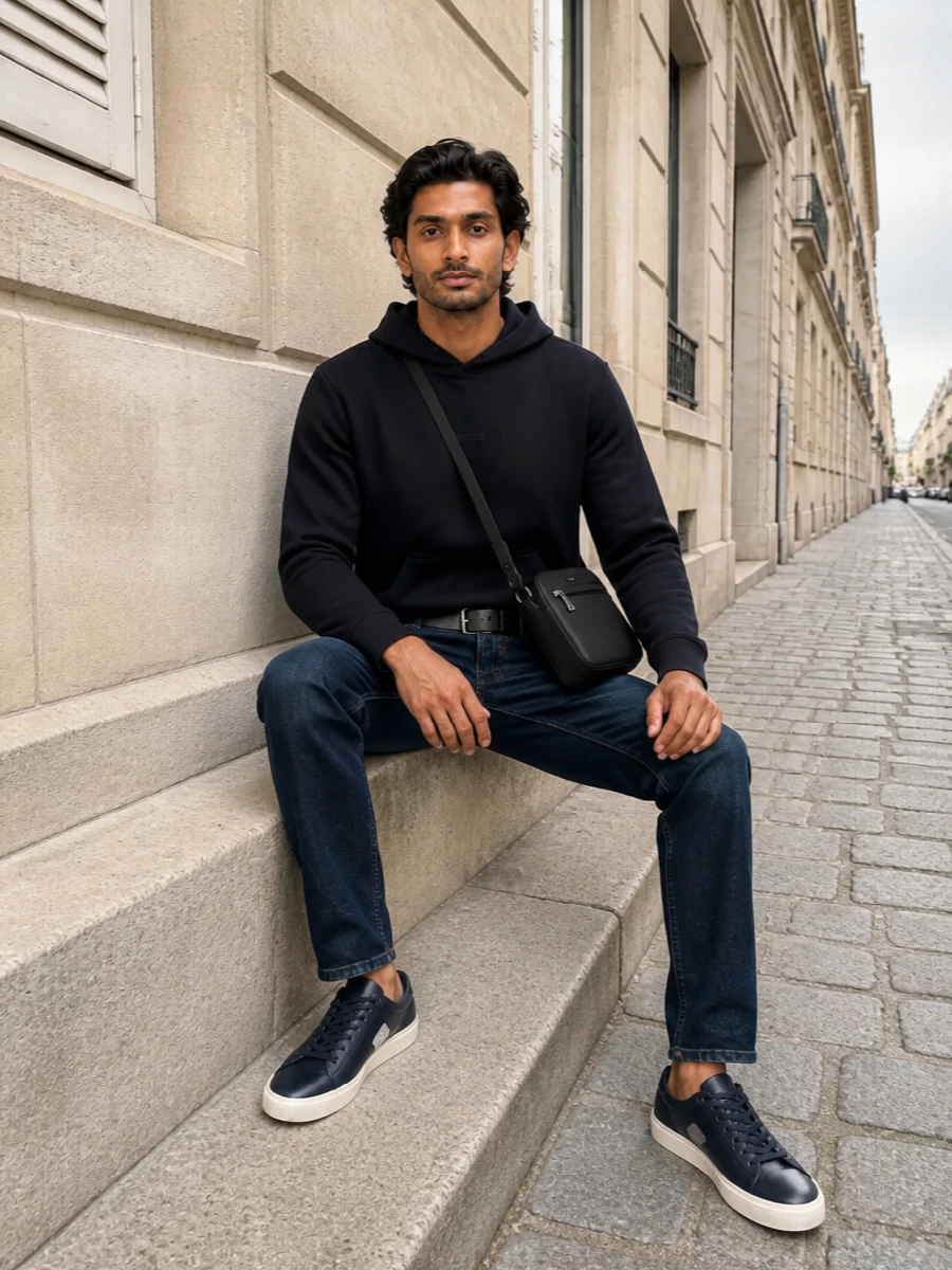 Boss navy hoodie dark jeans navy sneakers