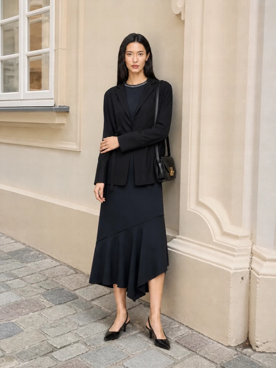 Fabiana filippi black blazer navy midi dress outfit