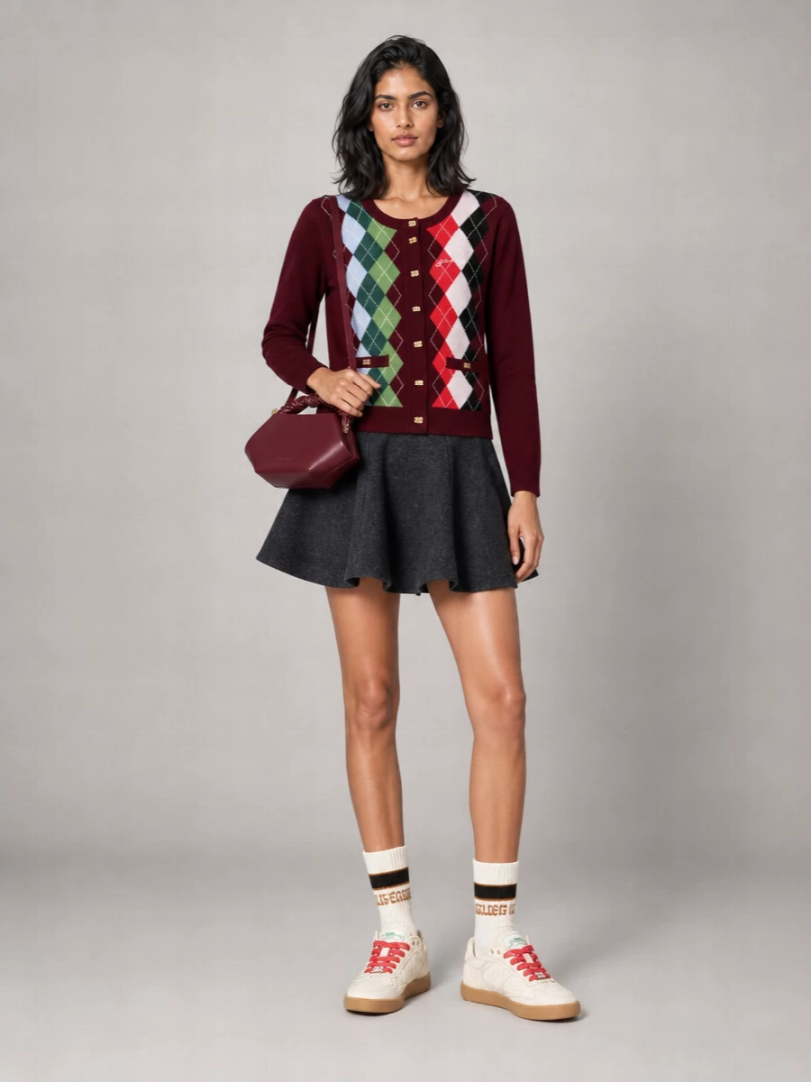 Ganni Cashmere Wool Checked Cardigan