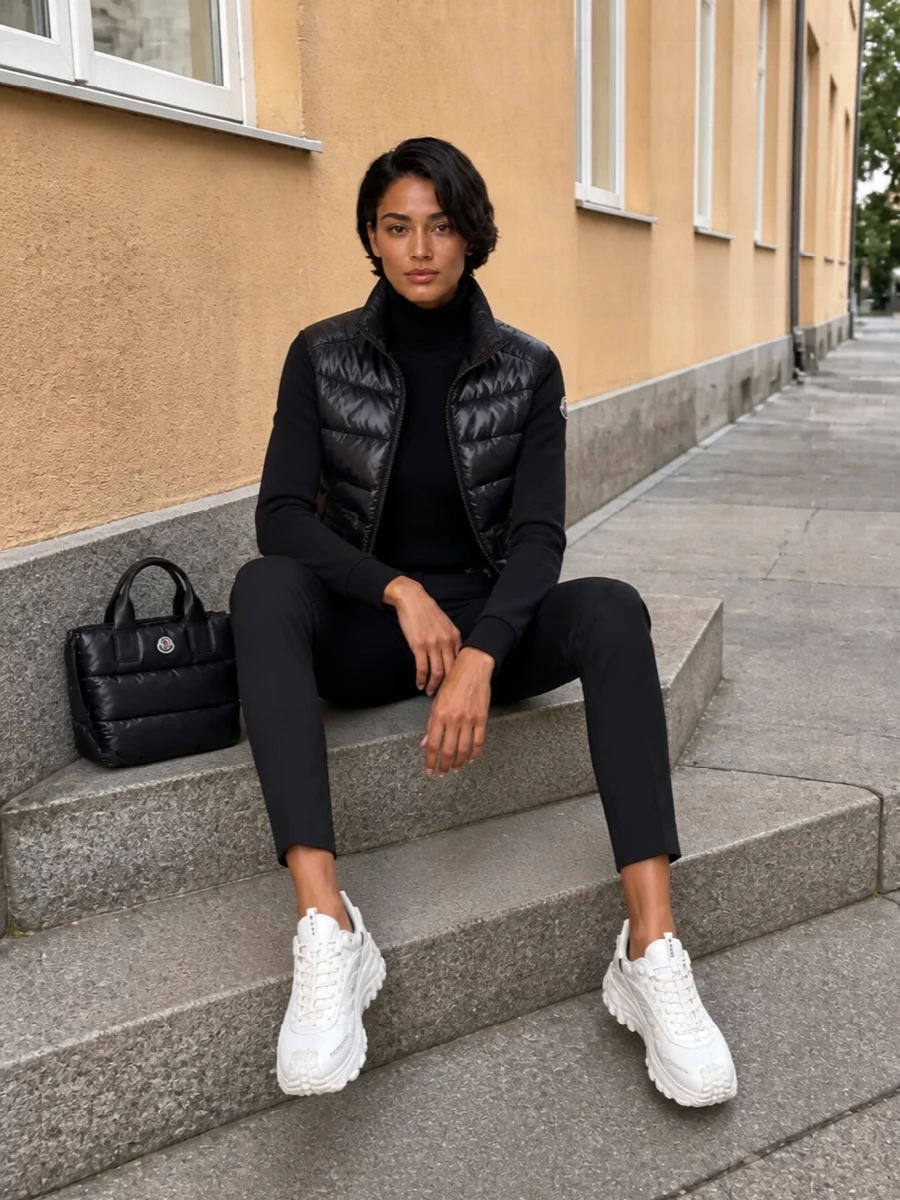 Moncler black puffer slim trousers outfit women