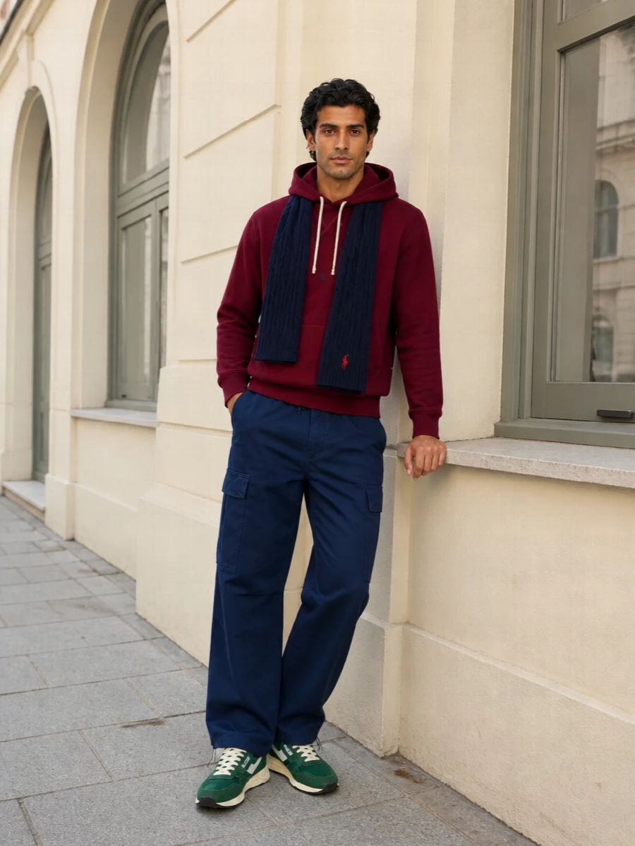 Polo hoodie navy cargos autry trainers outfit