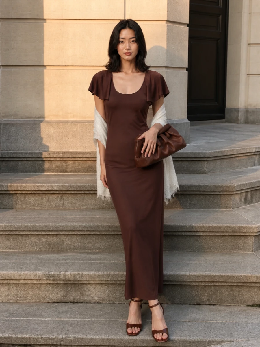 Rotate brown maxi dress themoire chocolate clutch