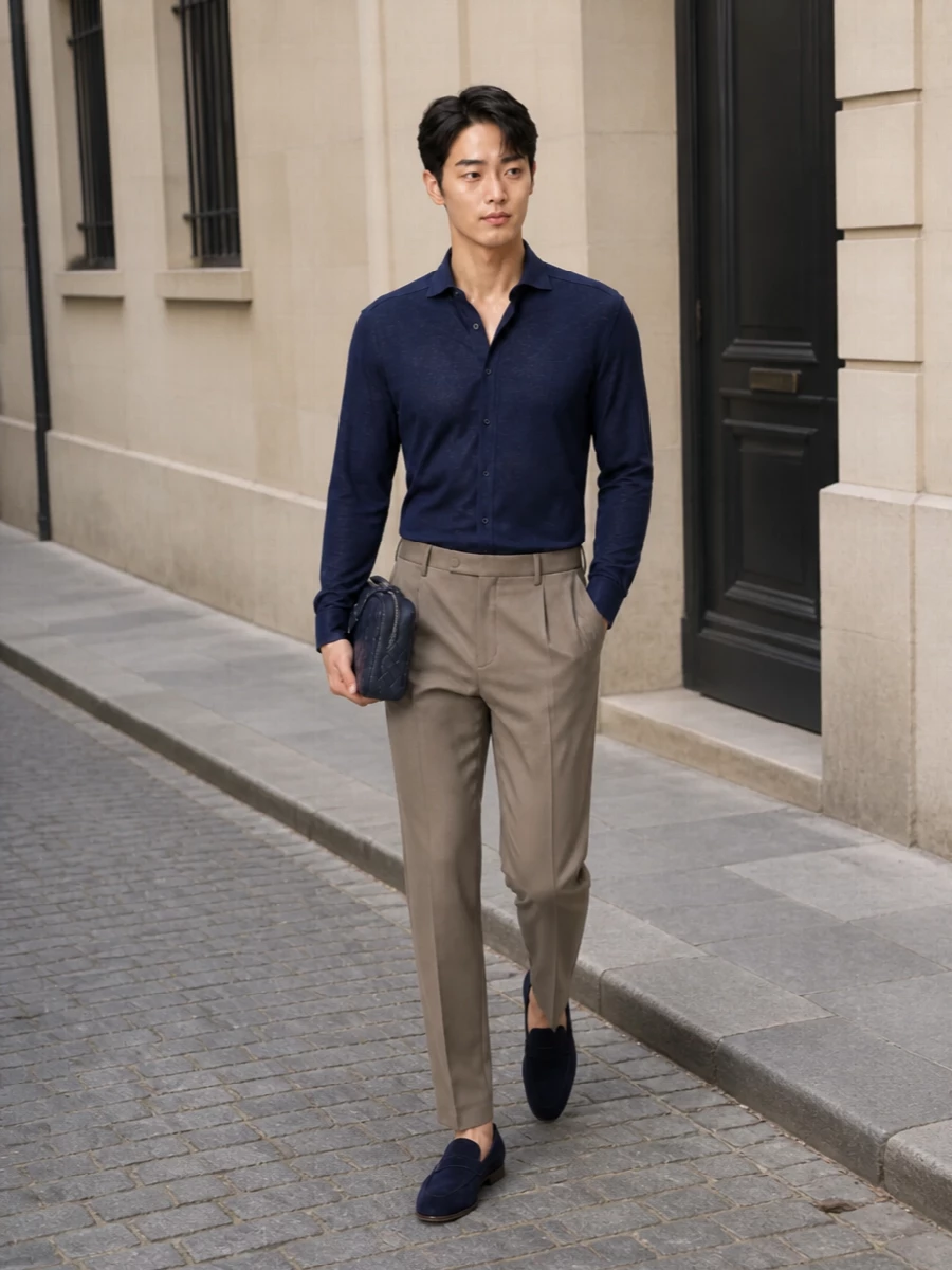 Brunello cucinelli navy shirt taupe trousers outfit