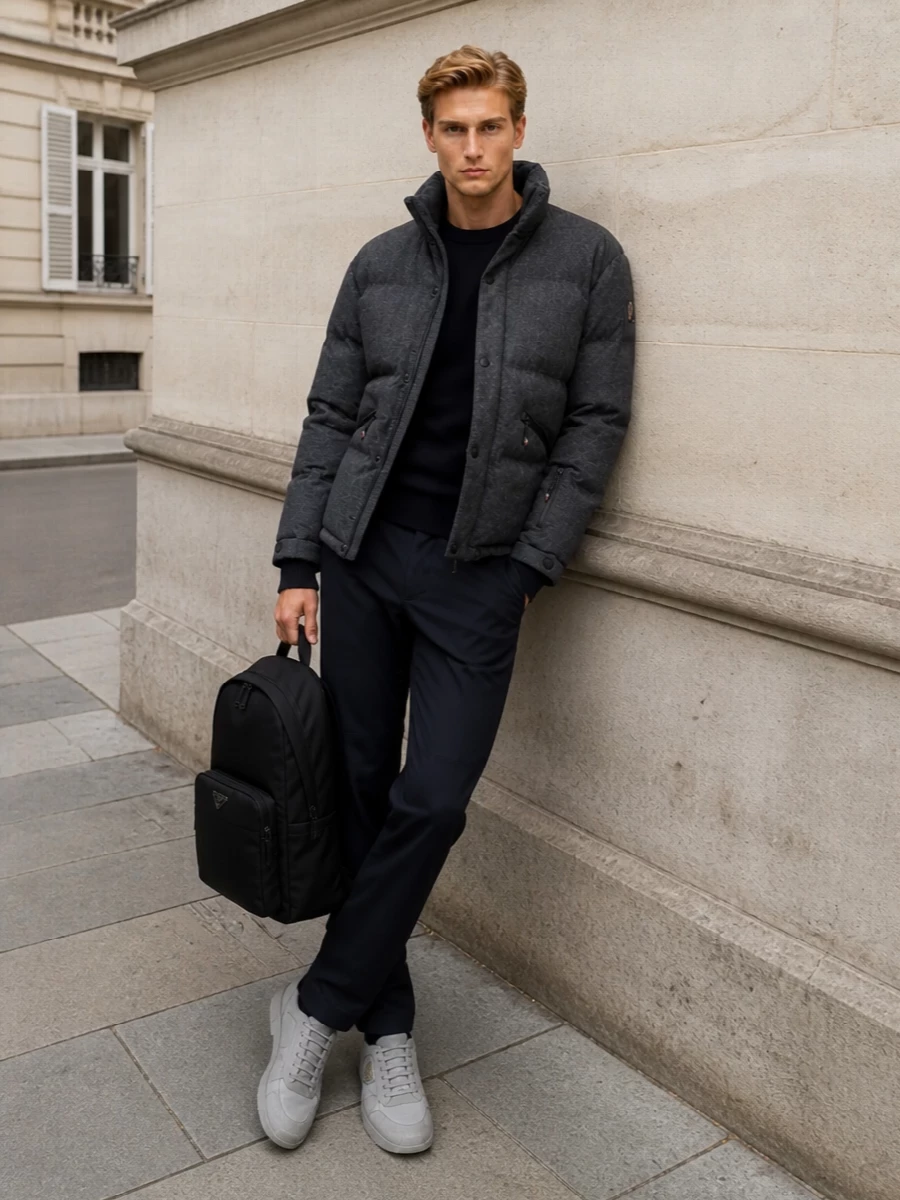 This look builds a quietly luxurious winter uniform around the charcoal Moncler Grenoble puffer, grounding it with a deep-navy technical knit and ink-navy straight-leg trousers for a streamlined, performance-inflected column. Tonal grey Prada sneakers and a sharp black Prada backpack keep the styling elevated yet understated, making the outfit feel equally at home on cold city streets or en route to the mountains.