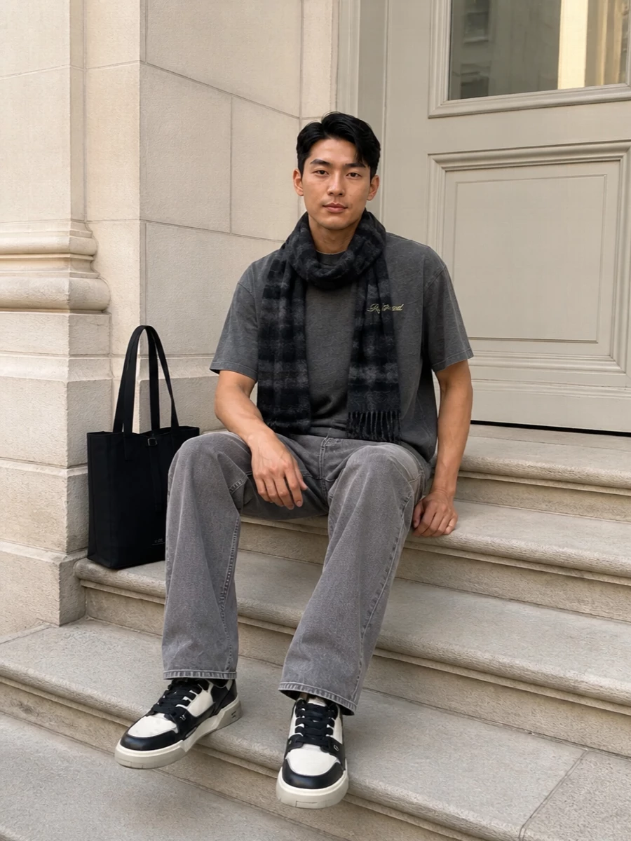 Represent grey tee taupe denim sneakers