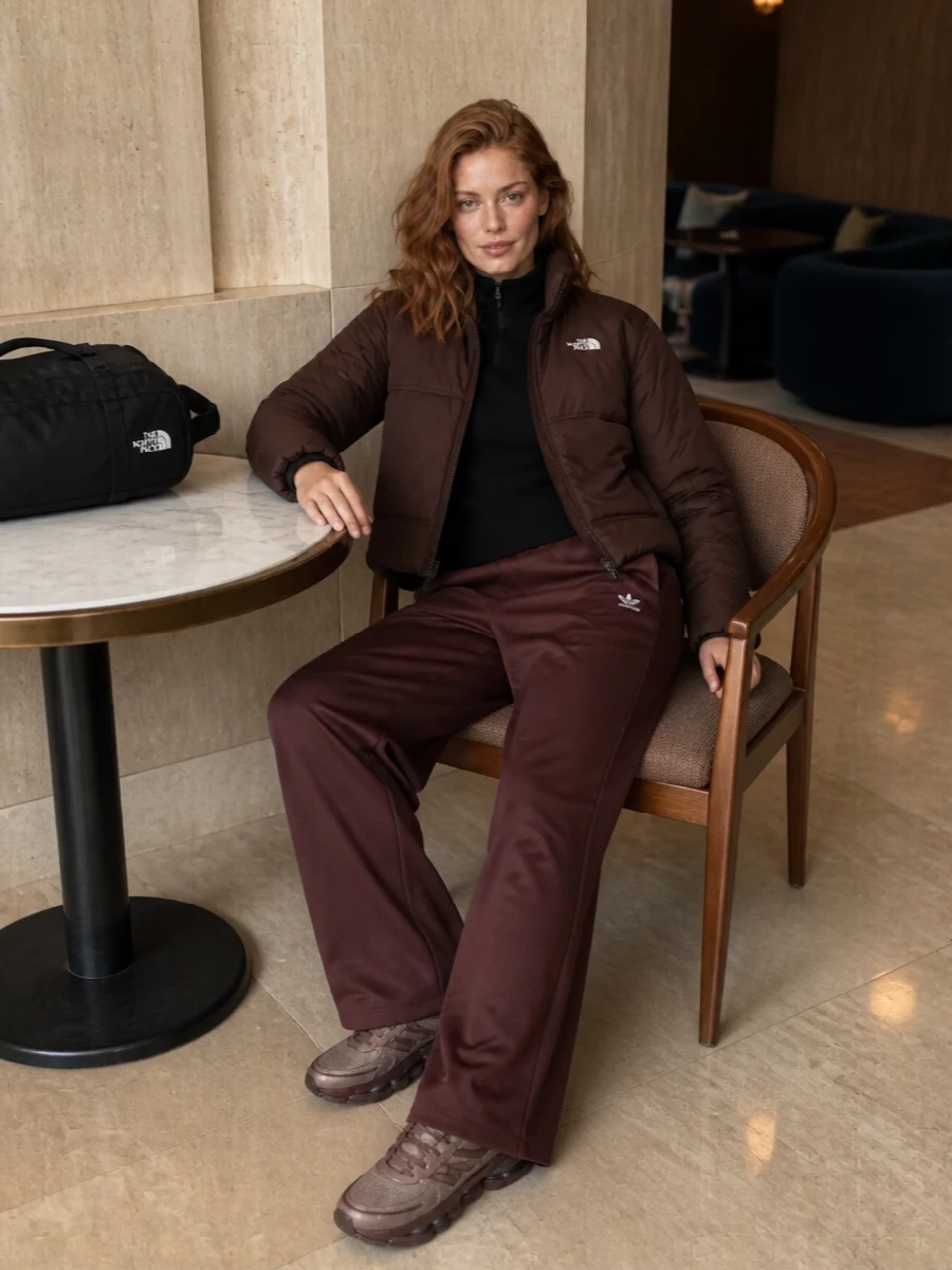I am building around the puffer with separates rather than a dress, so the cropped boxy jacket can play against a fluid wide leg and visible technical layers. The black half zip and backpack lock in a coherent The North Face narrative, while the chocolate Adidas track pant and tonal New Balance runners create a rich brown column that feels modern and street-focused. The result is an off-duty winter ensemble that is practical, monochrome-leaning and quietly graphic without tipping into performance-only territory.