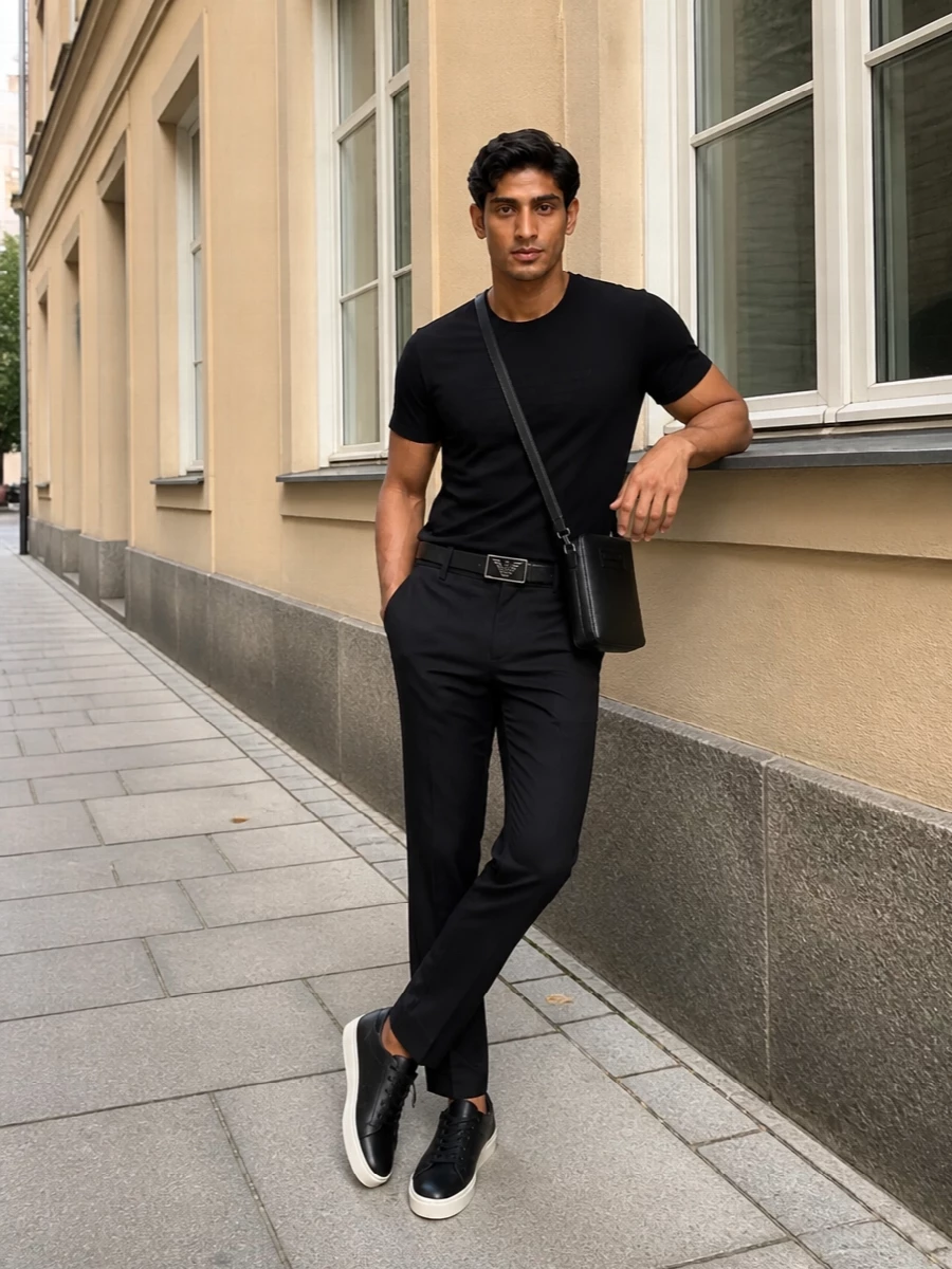 Emporio armani black tee trousers sneakers outfit