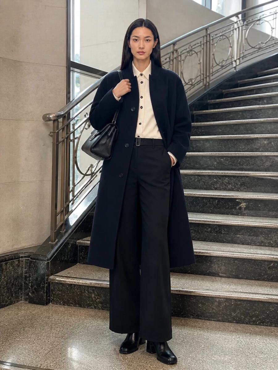Studio nicholson coat wide leg trousers outfit