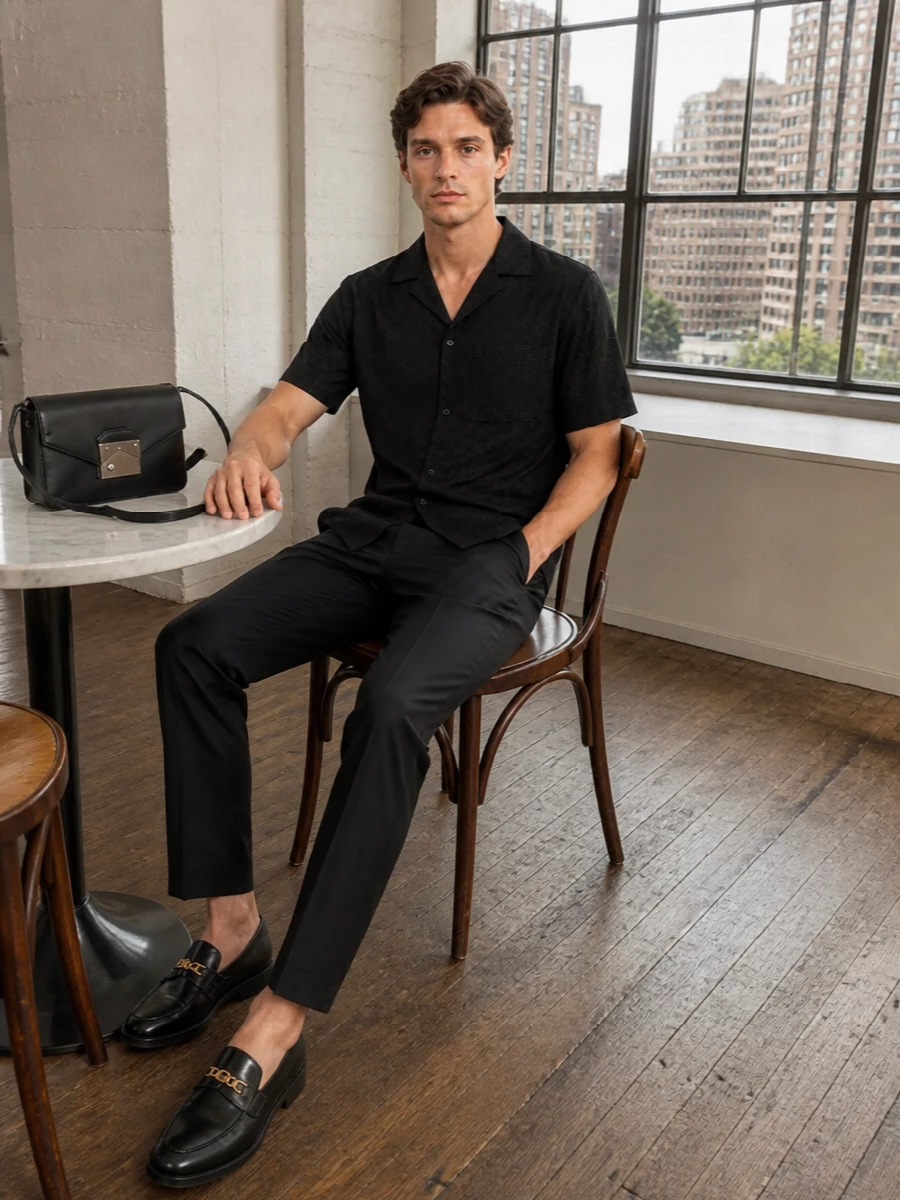 A deep, tonal palette keeps the Gucci camp shirt and Dior trouser combination clean and intentional, ideal for night in the city. The Amiri loafers introduce a sharp, contemporary edge, while the Montblanc crossbody adds discreet structure so the whole outfit reads tailored, quietly logoed and controlled rather than flashy. It is relaxed in ease but precise in line, built for dinners, openings and late bars where detail matters up close.