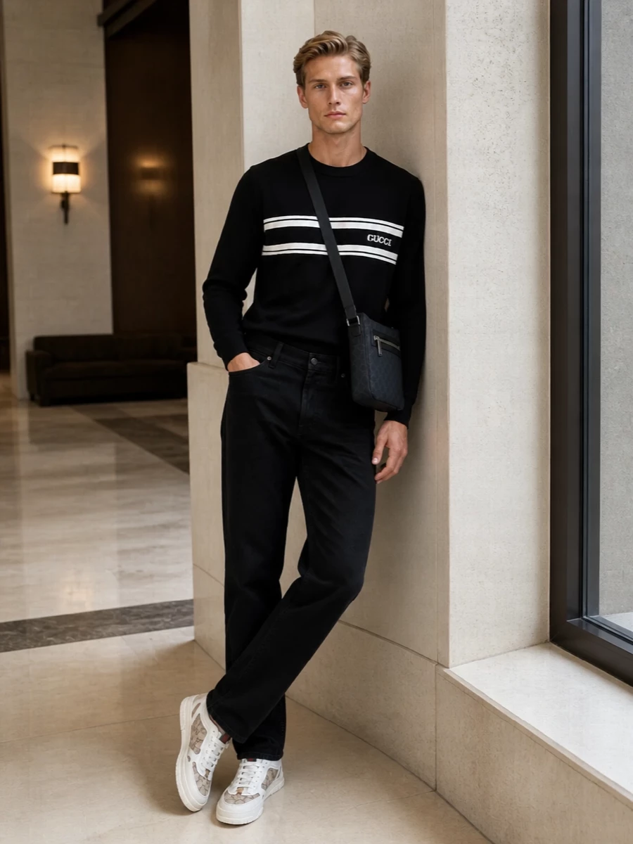 Gucci sneaker black jeans knit outfit